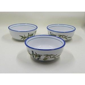 Asian Porcelain Dipping Sauce Bowls Small Hand-Painted Bamboo Design Set of 3
